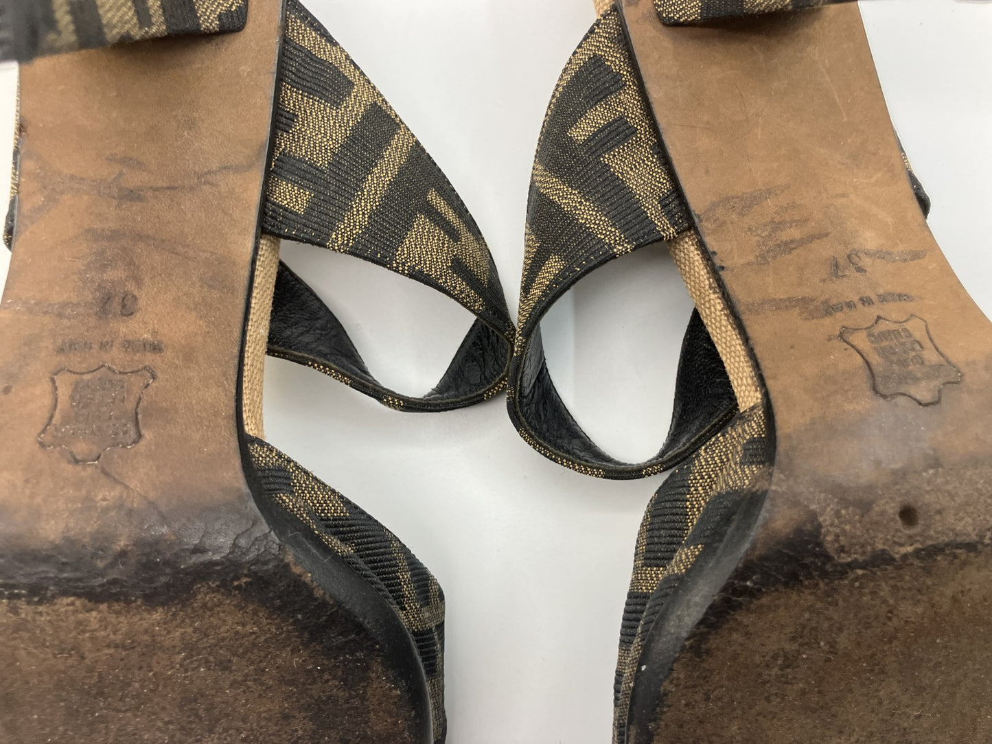FENDI Zucca Canvas Sandals Block Heel EU 37 US 6.5–7 Brown Black Repaired Heel