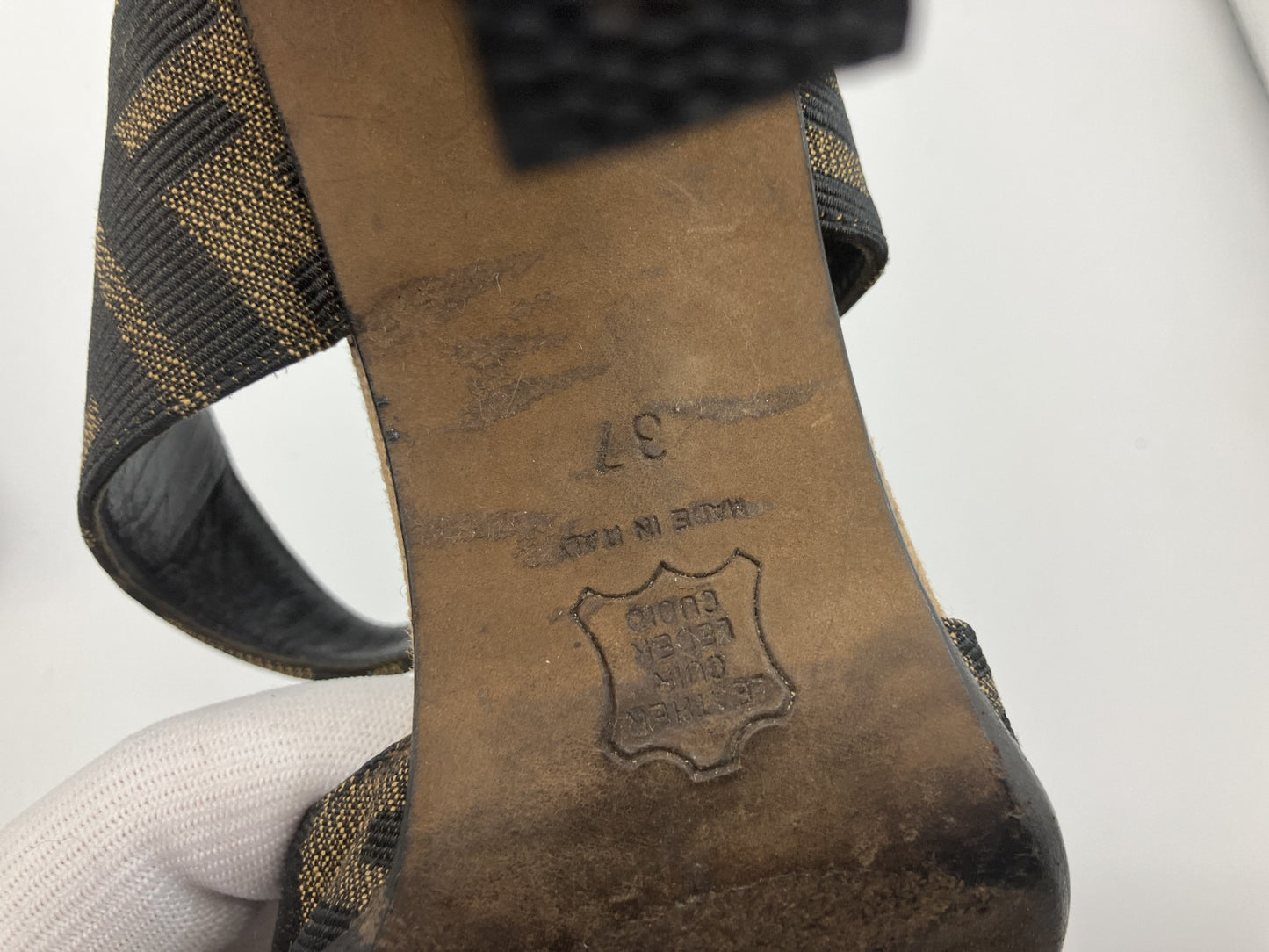 FENDI Zucca Canvas Sandals Block Heel EU 37 US 6.5–7 Brown Black Repaired Heel