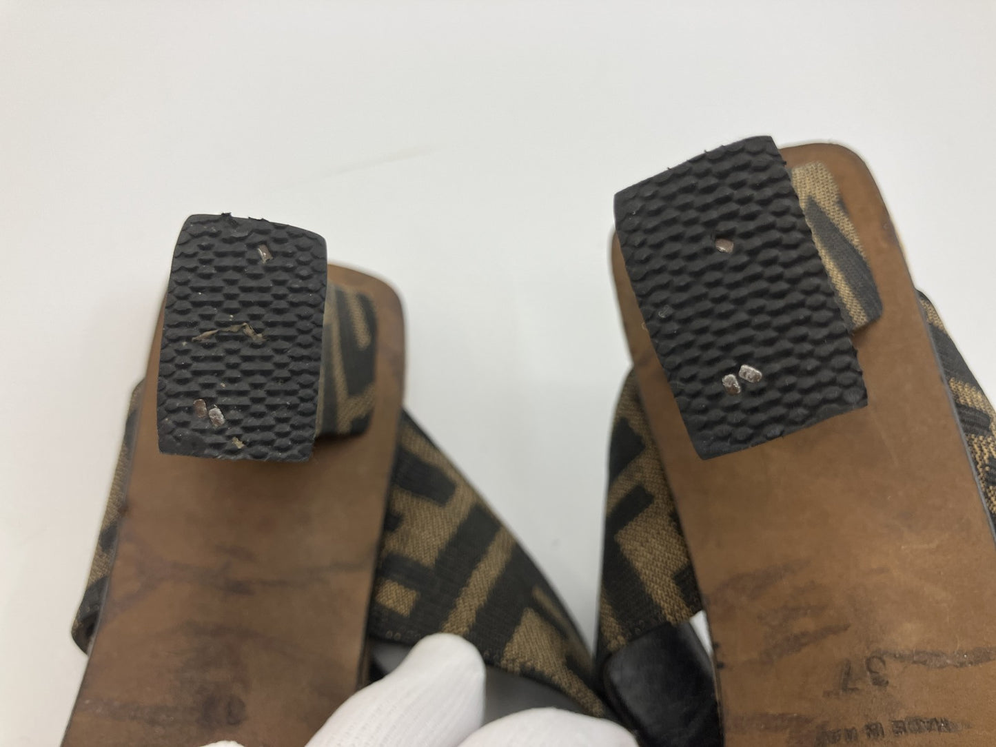 FENDI Zucca Canvas Sandals Block Heel EU 37 US 6.5–7 Brown Black Repaired Heel