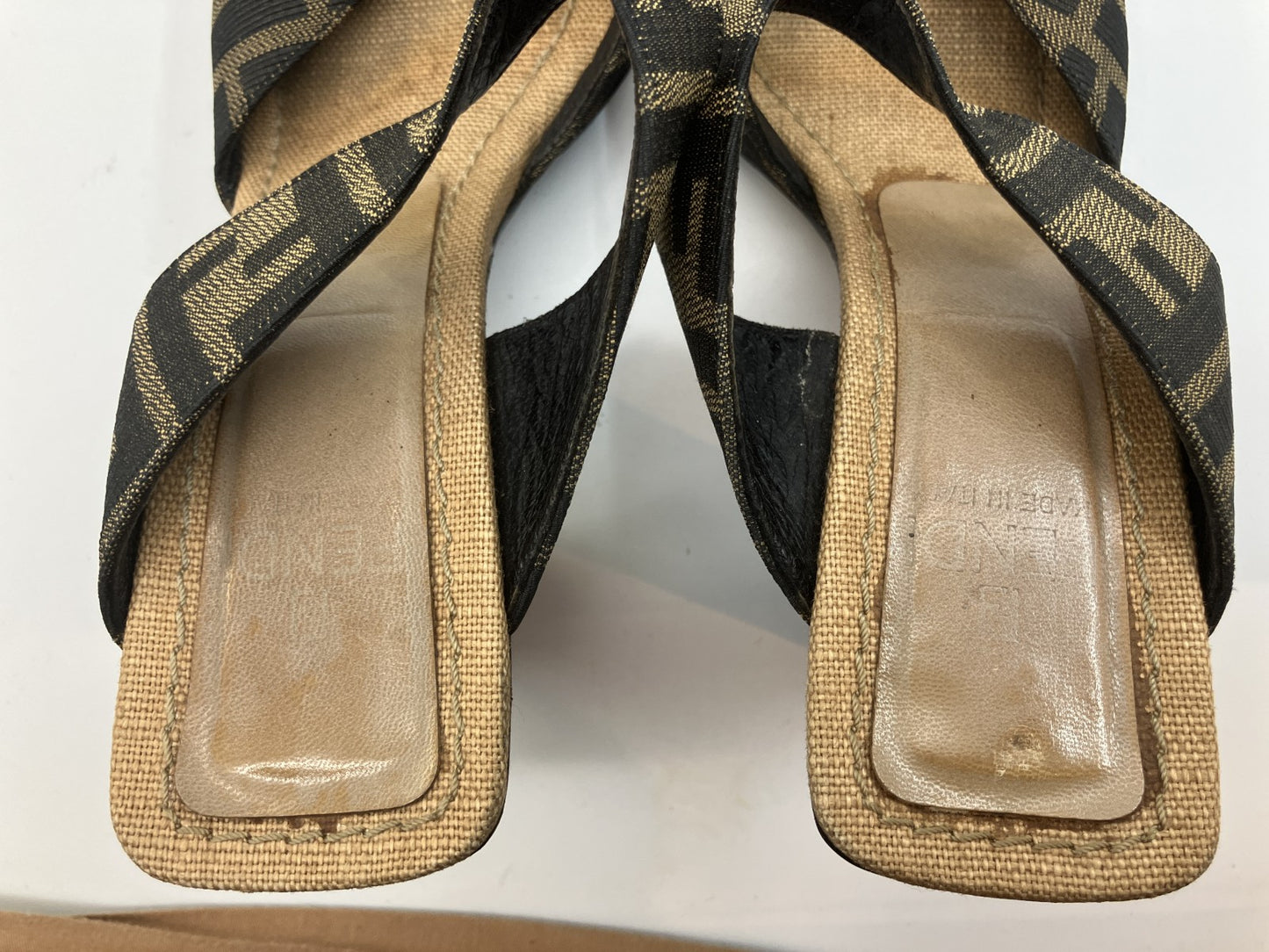 FENDI Zucca Canvas Sandals Block Heel EU 37 US 6.5–7 Brown Black Repaired Heel