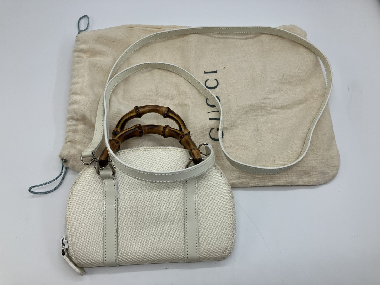 Gucci Bamboo Mini Shoulder Bag Ivory Canvas Leather 2Way Italy Vintage