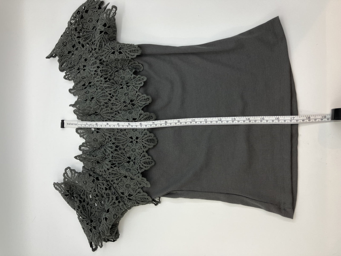 FRIFUL Lace Cut and Sew Off Shoulder Short Sleeve Top Dark Charcoal Grey Size S Top Only Pants Not Included