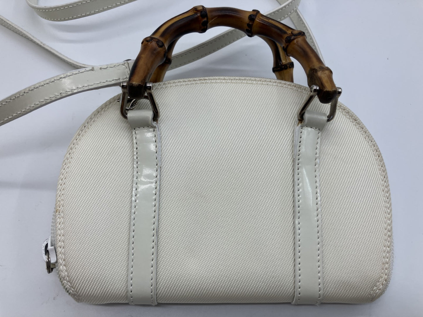Gucci Bamboo Mini Shoulder Bag Ivory Canvas Leather 2Way Italy Vintage
