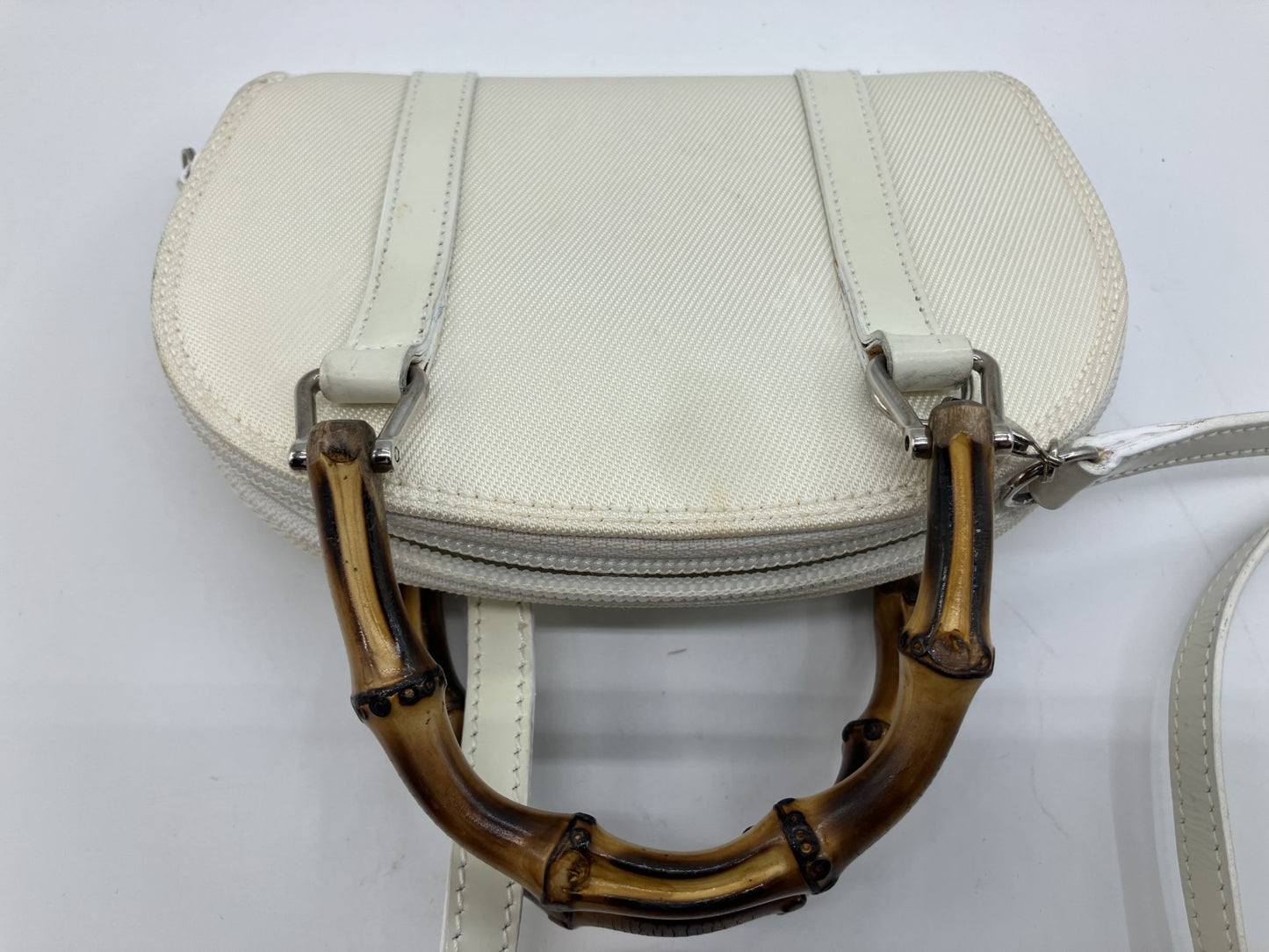 Gucci Bamboo Mini Shoulder Bag Ivory Canvas Leather 2Way Italy Vintage