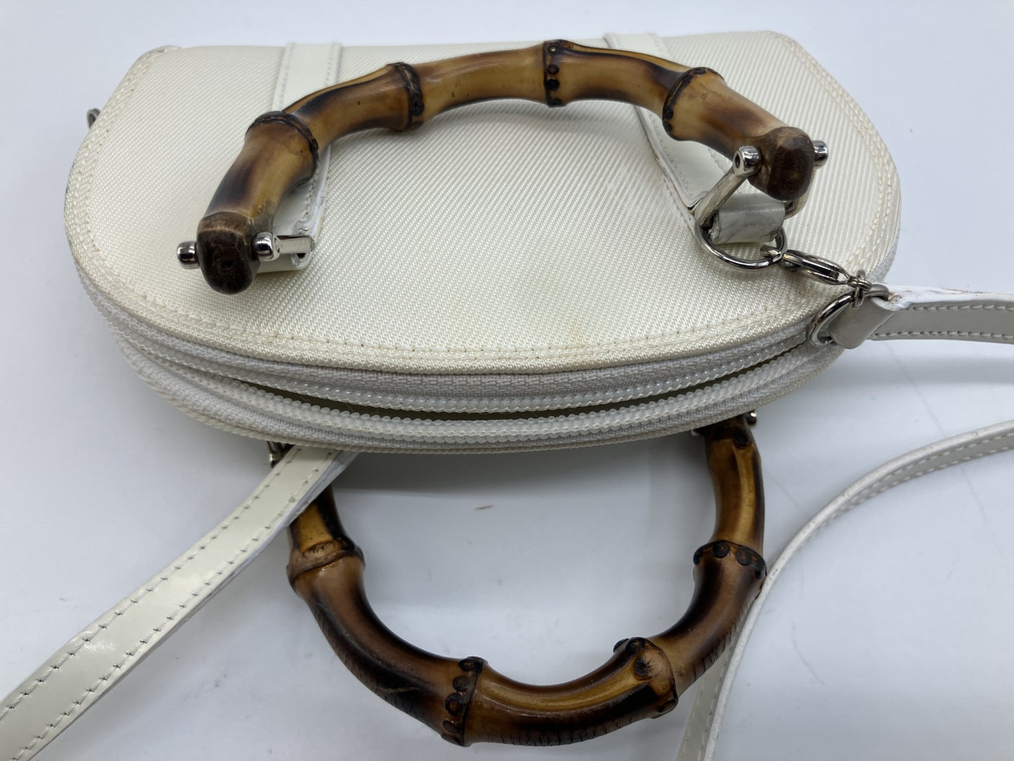 Gucci Bamboo Mini Shoulder Bag Ivory Canvas Leather 2Way Italy Vintage