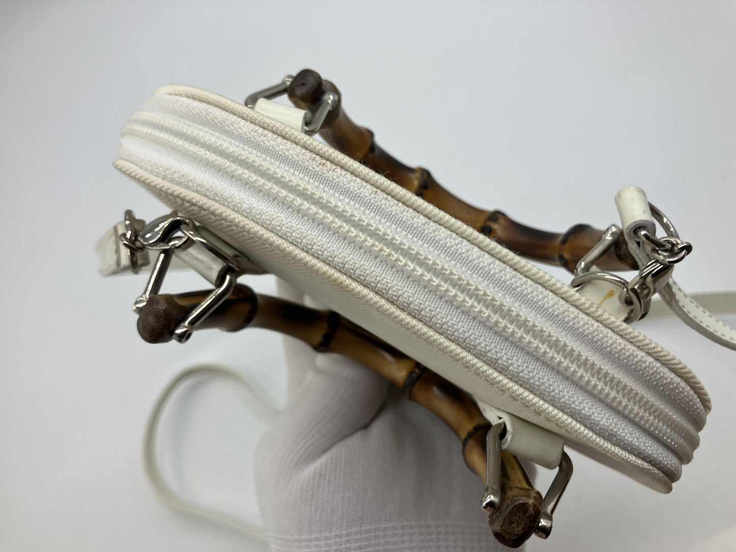 Gucci Bamboo Mini Shoulder Bag Ivory Canvas Leather 2Way Italy Vintage