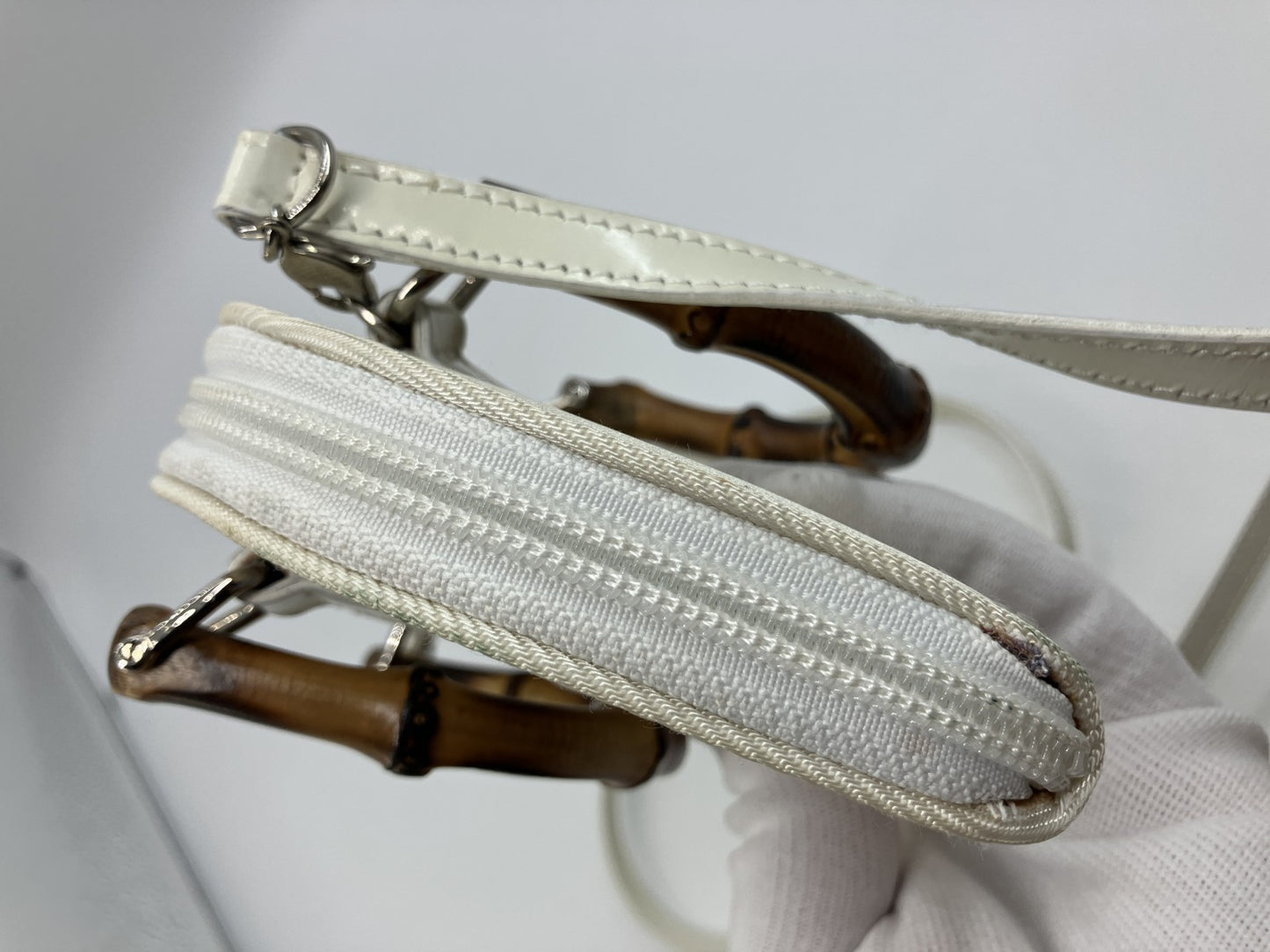Gucci Bamboo Mini Shoulder Bag Ivory Canvas Leather 2Way Italy Vintage