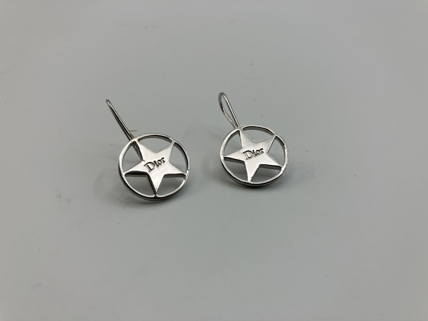 Dior Star Logo Hook Earrings Silver Tone 1.6cm Authentic Made in France