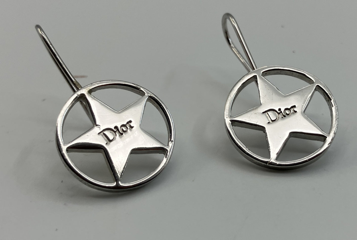 Dior Star Logo Hook Earrings Silver Tone 1.6cm Authentic Made in France