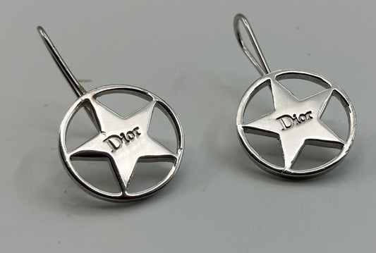 Dior Star Logo Hook Earrings Silver Tone 1.6cm Authentic Made in France