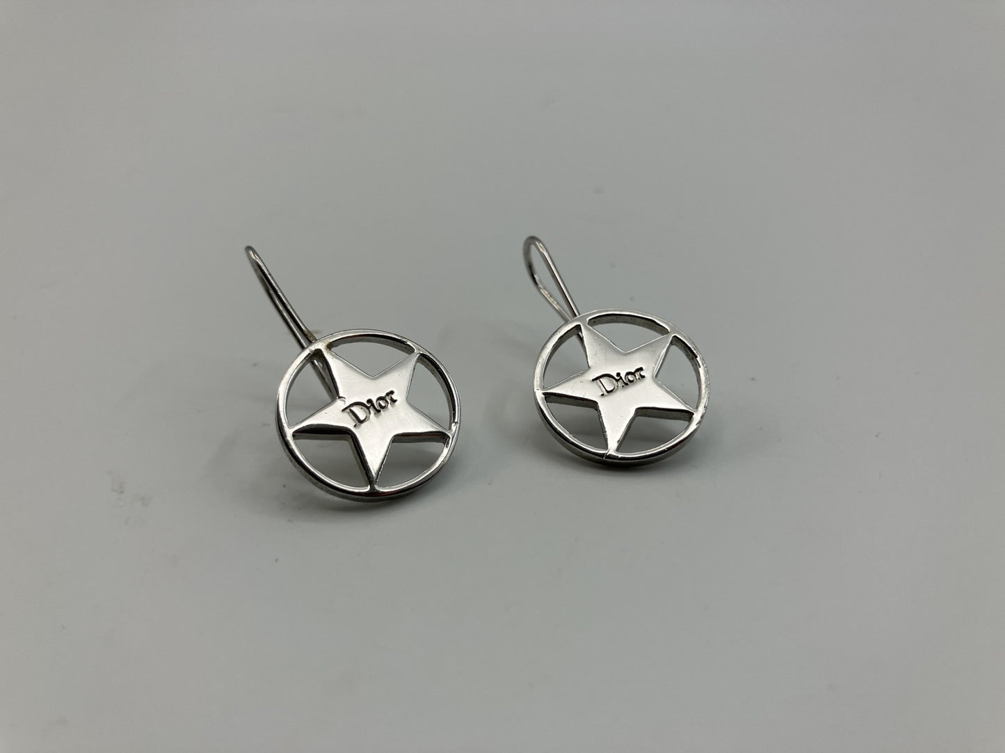 Dior Star Logo Hook Earrings Silver Tone 1.6cm Authentic Made in France