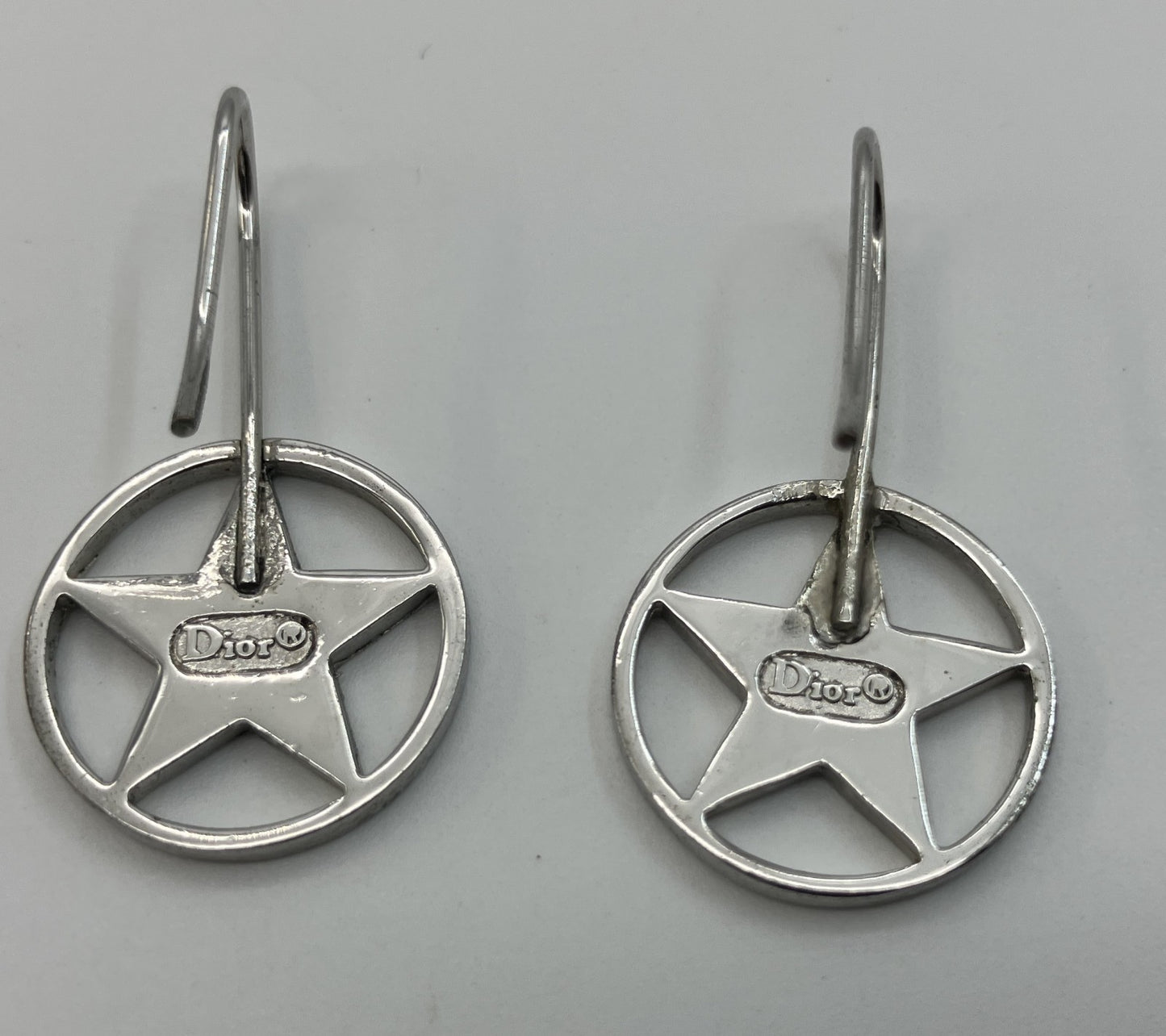 Dior Star Logo Hook Earrings Silver Tone 1.6cm Authentic Made in France