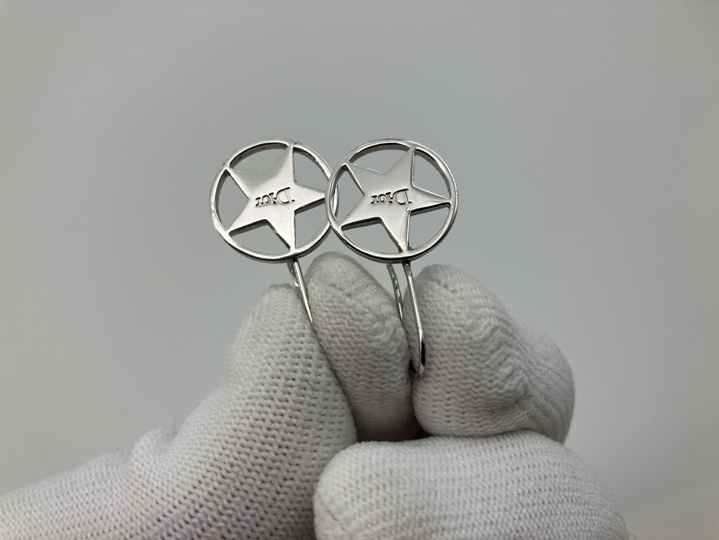 Dior Star Logo Hook Earrings Silver Tone 1.6cm Authentic Made in France