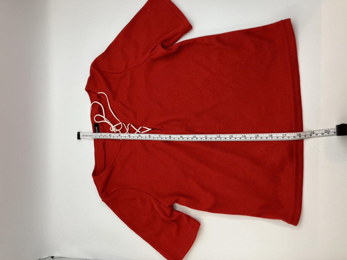 ANGELINA Tops, Short Sleeves, Red, Ribbed, Cropped Length, Lace-up Design, Women's, Stretchable Material, T-Shirt Style Cut and Sewn, Pants Sold Separately,