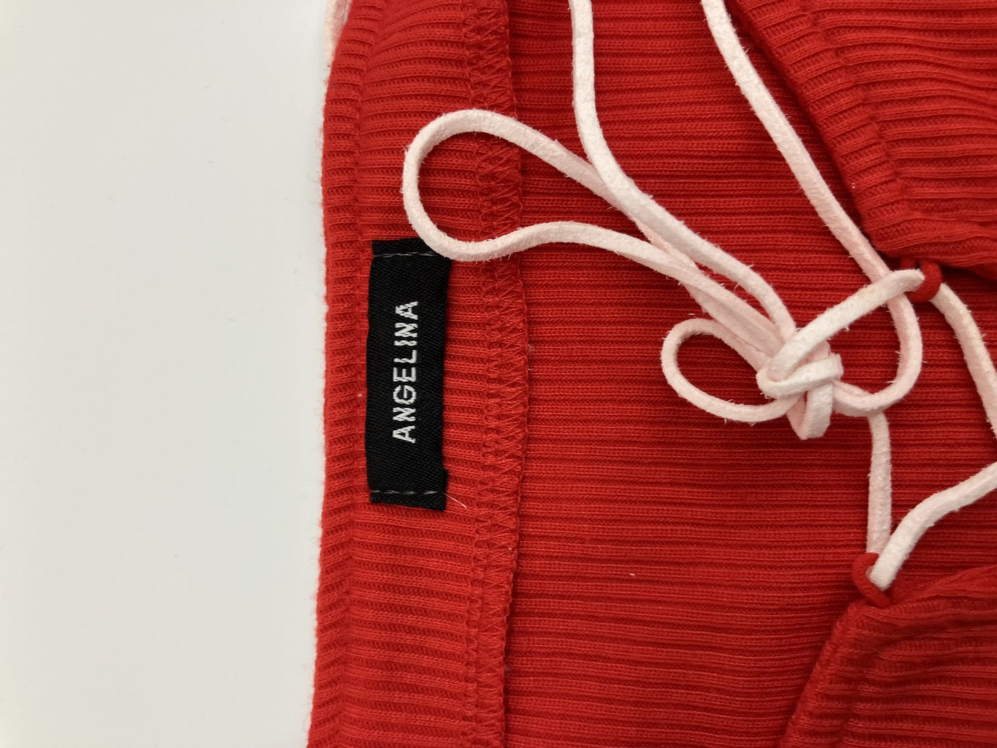 ANGELINA Tops, Short Sleeves, Red, Ribbed, Cropped Length, Lace-up Design, Women's, Stretchable Material, T-Shirt Style Cut and Sewn, Pants Sold Separately,