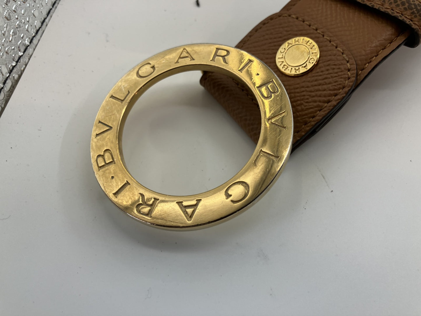 BVLGARI Belt Circle Length 95cm(37.40 inch) Width 4cm(1.57 inch) Brown & Gold