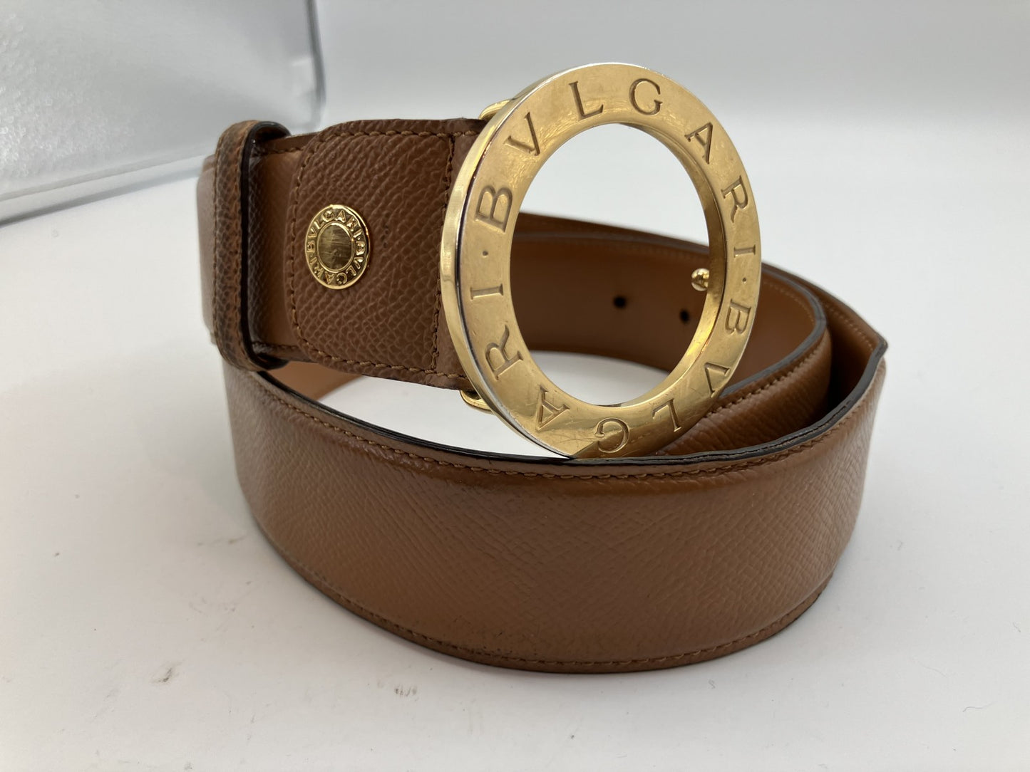 BVLGARI Circle Belt, Total Length 95cm (37.40 inch) Width 4cm (1.57 inch), Brown &amp; Gold, Free Shipping 