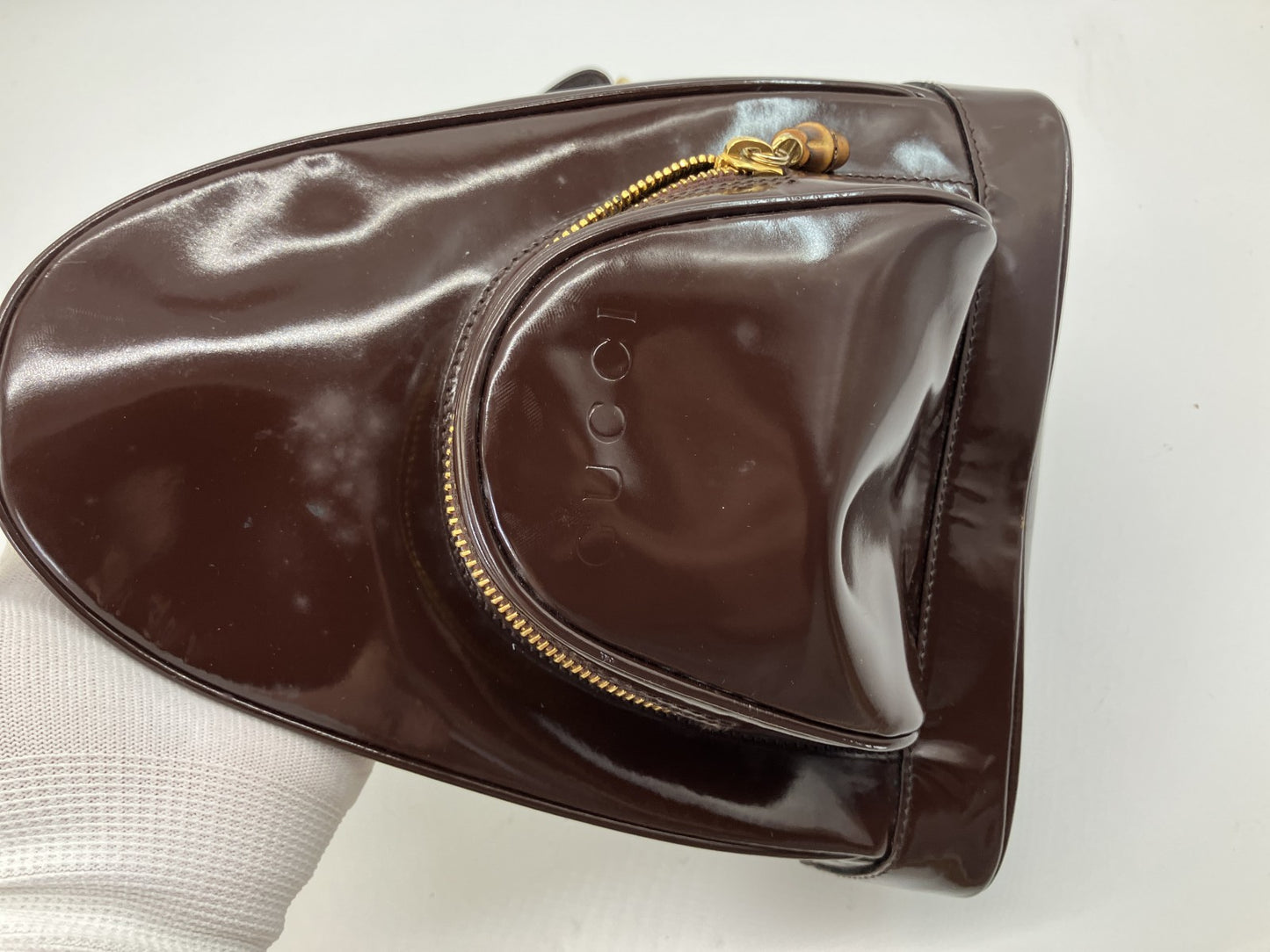 Gucci Bamboo Patent Leather Waist Body Bag Brown Italy Vintage 00334440127