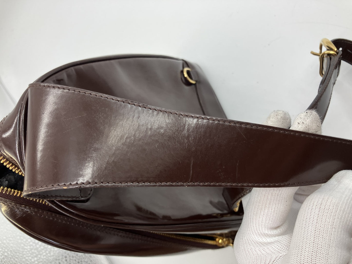 Gucci Bamboo Patent Leather Waist Body Bag Brown Italy Vintage 00334440127
