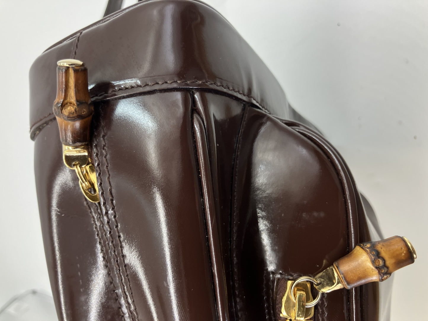 Gucci Bamboo Patent Leather Waist Body Bag Brown Italy Vintage 00334440127