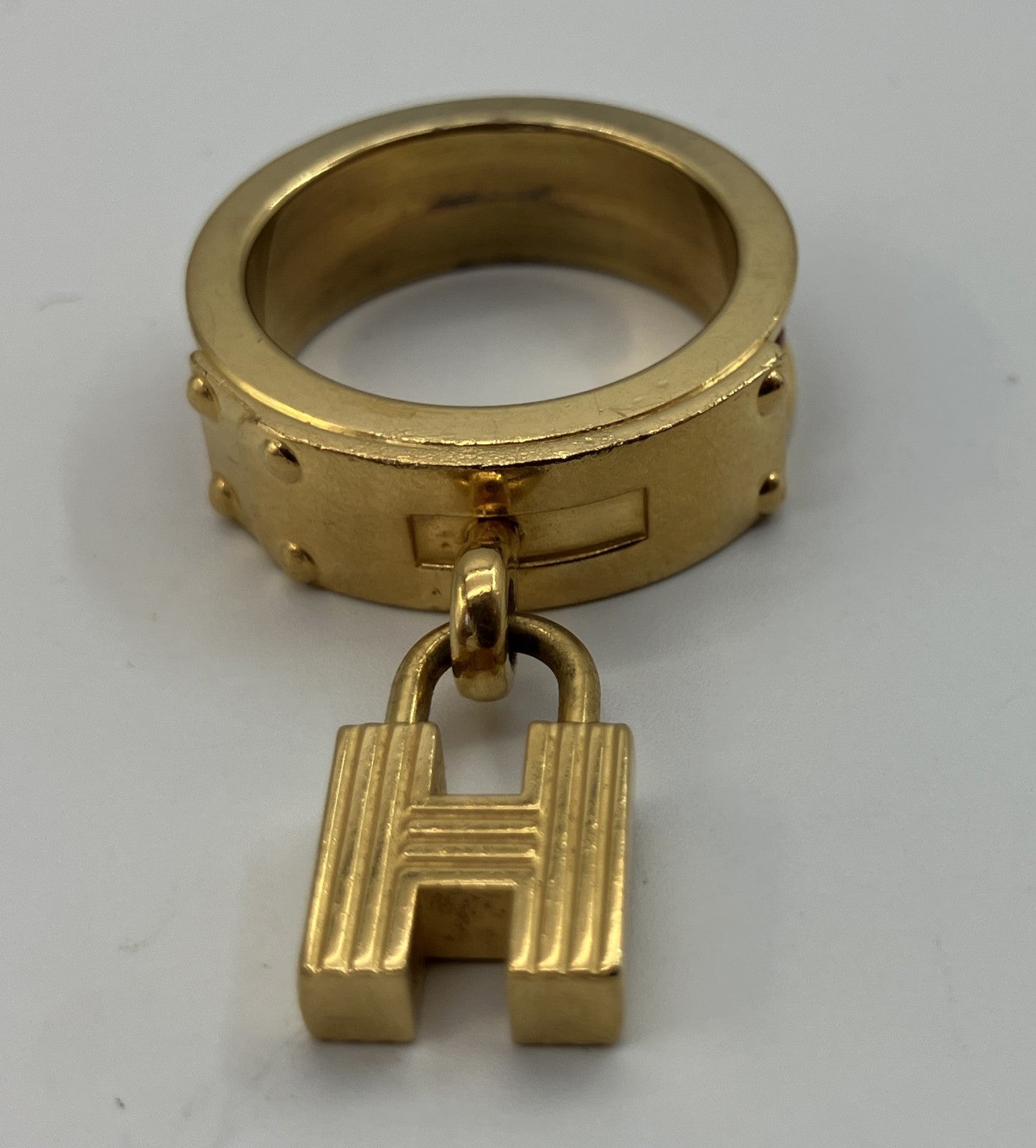 HERMES Scarf Ring Gold Tone Leather Detail Approx. 2.5cm Diameter Authentic Made in France