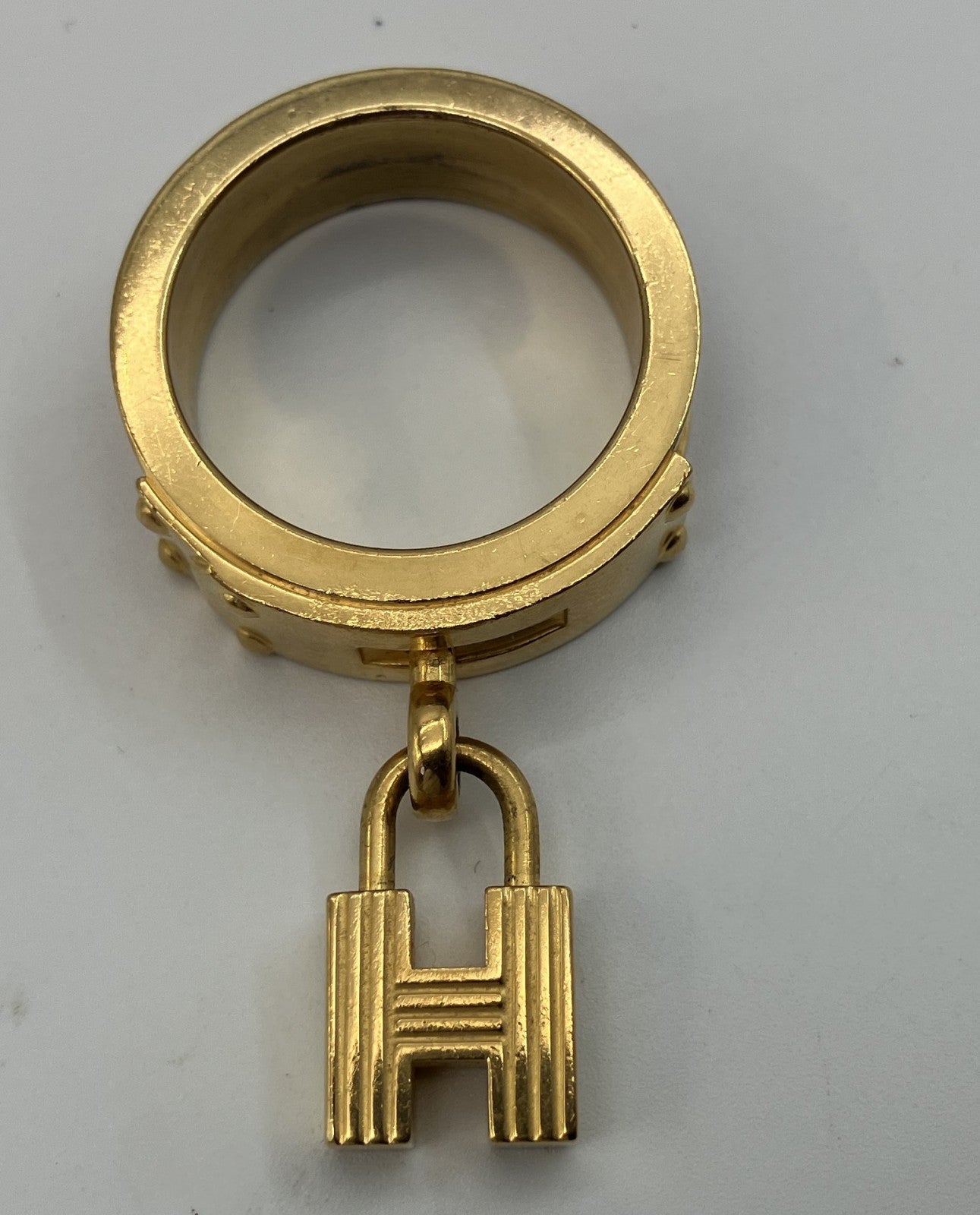 HERMES Scarf Ring Gold Tone Leather Detail Approx. 2.5cm Diameter Authentic Made in France