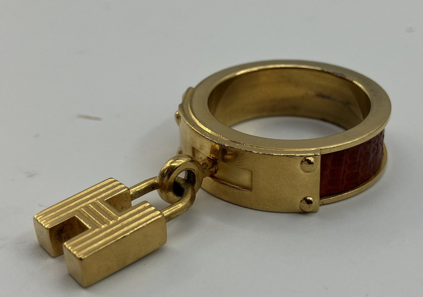 HERMES Scarf Ring Gold Tone Leather Detail Approx. 2.5cm Diameter Authentic Made in France