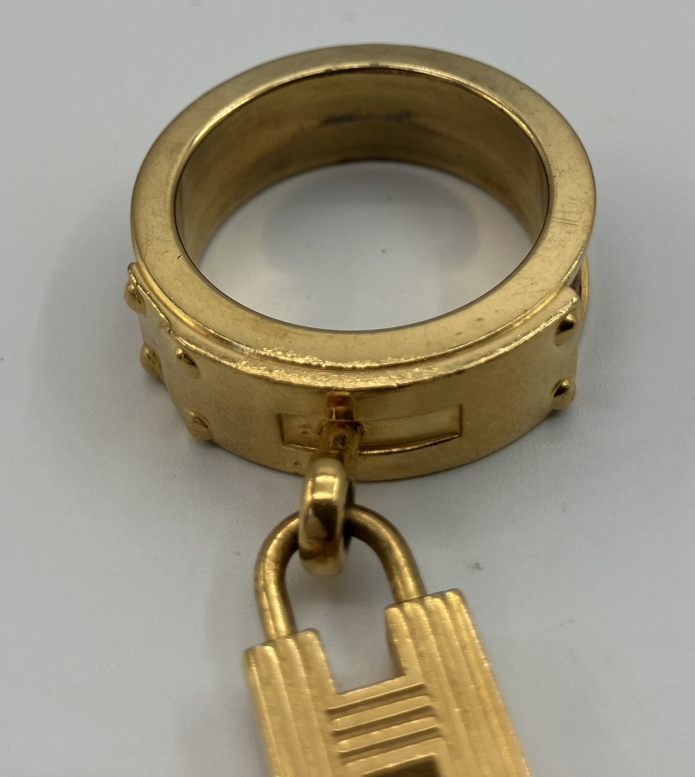 HERMES Scarf Ring Gold Tone Leather Detail Approx. 2.5cm Diameter Authentic Made in France