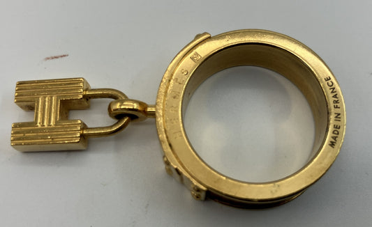 HERMES Scarf Ring Gold Tone Leather Detail Approx. 2.5cm Diameter Authentic Made in France