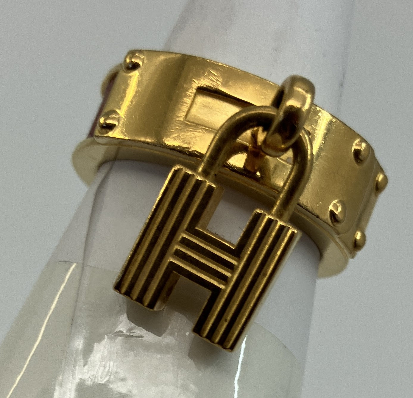 HERMES Scarf Ring Gold Tone Leather Detail Approx. 2.5cm Diameter Authentic Made in France