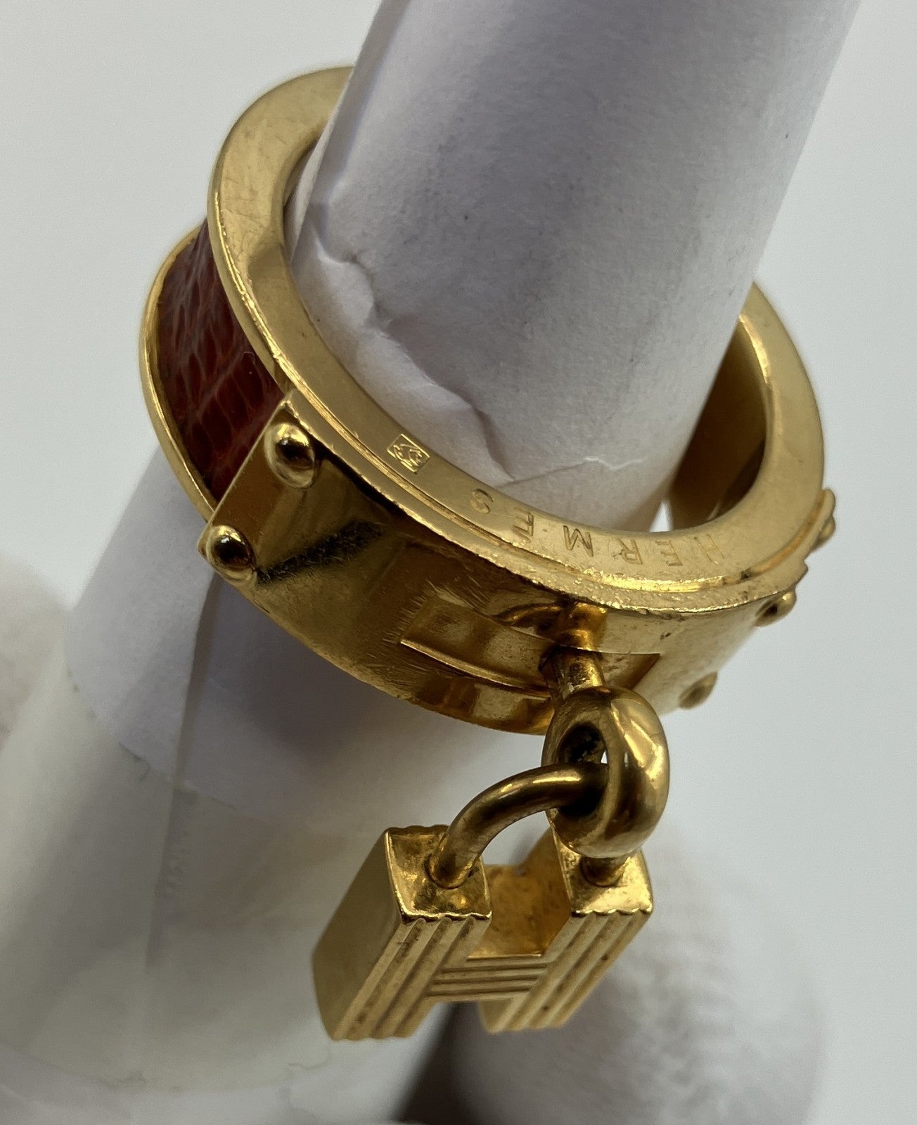 HERMES Scarf Ring Gold Tone Leather Detail Approx. 2.5cm Diameter Authentic Made in France