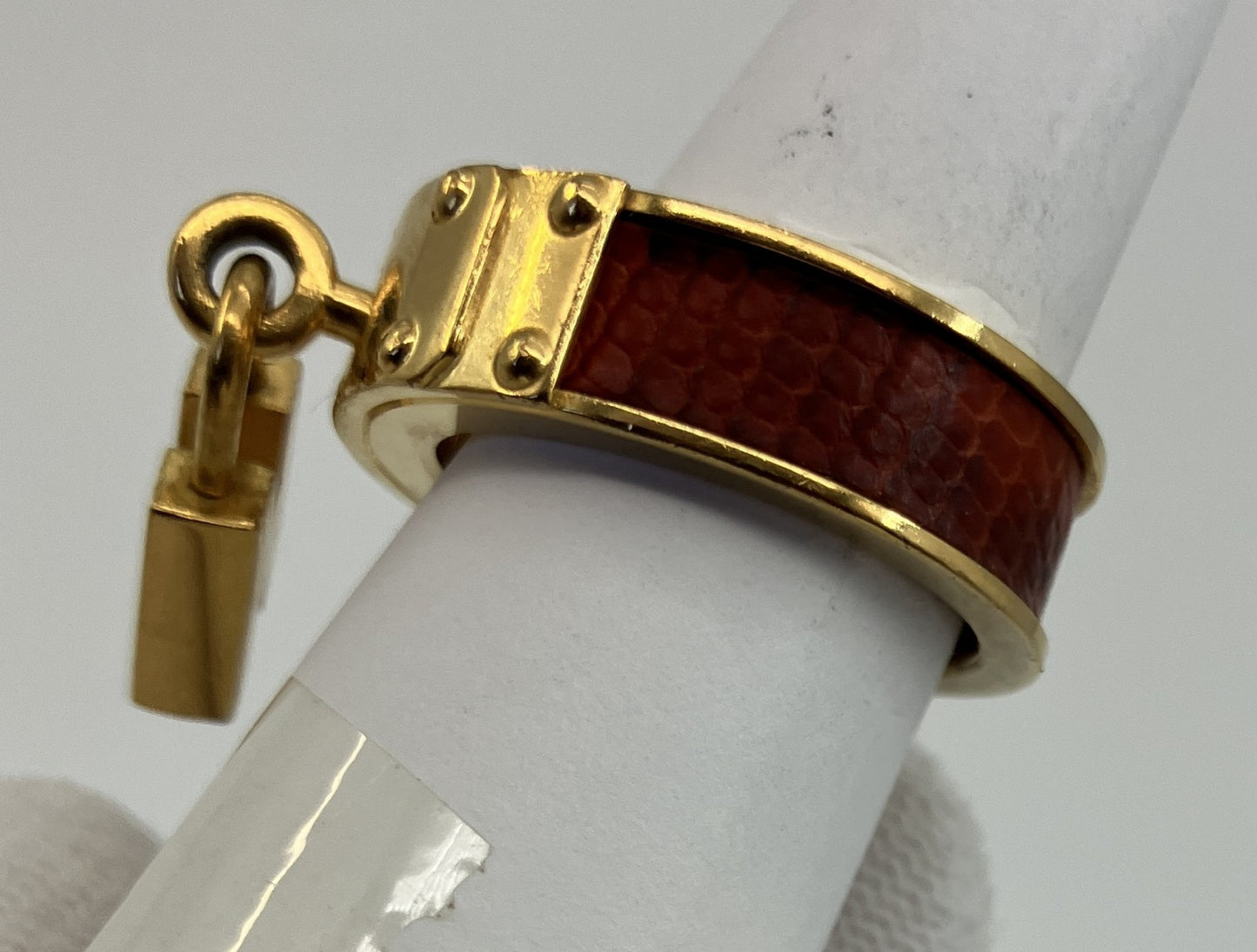 HERMES Scarf Ring Gold Tone Leather Detail Approx. 2.5cm Diameter Authentic Made in France