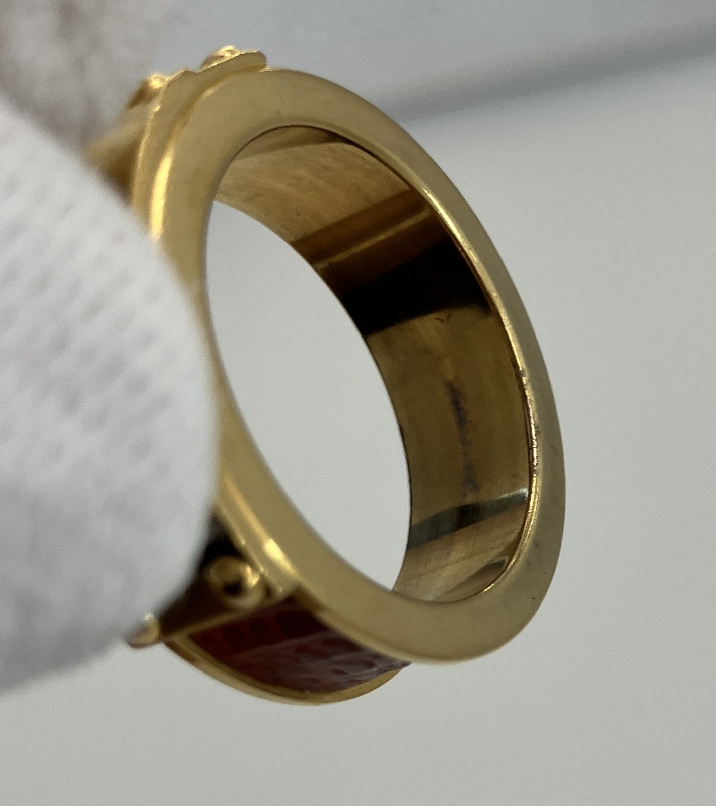 HERMES Scarf Ring Gold Tone Leather Detail Approx. 2.5cm Diameter Authentic Made in France