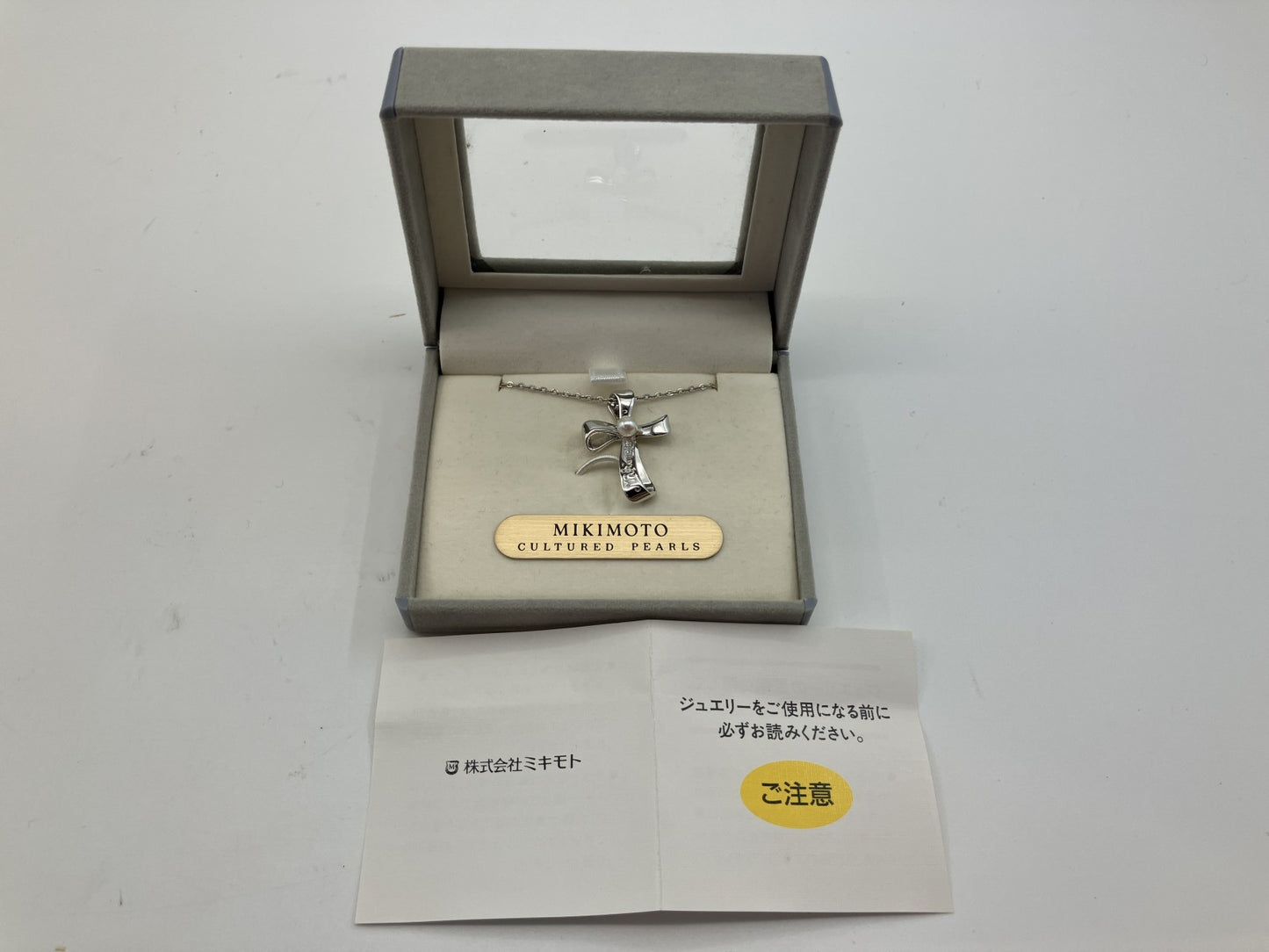 MIKIMOTO Silver Cross Pendant Necklace Cultured Pearl 4.1mm Chain 40cm Authentic