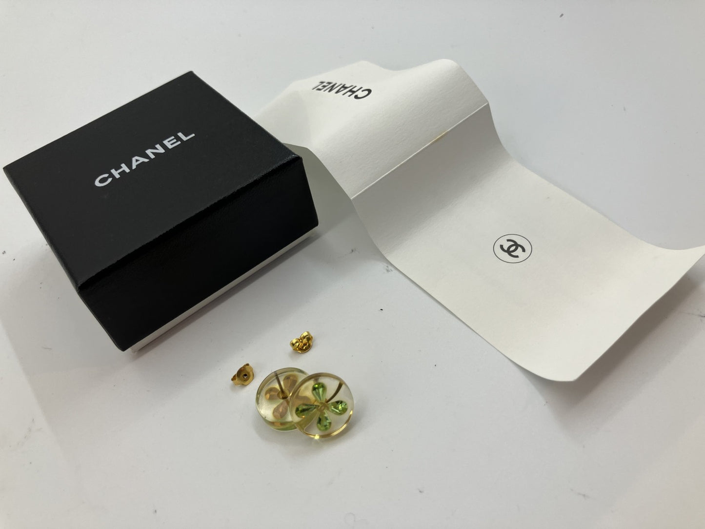 CHANEL Clover Earrings Clear &amp; Green Boxed Free Shipping 