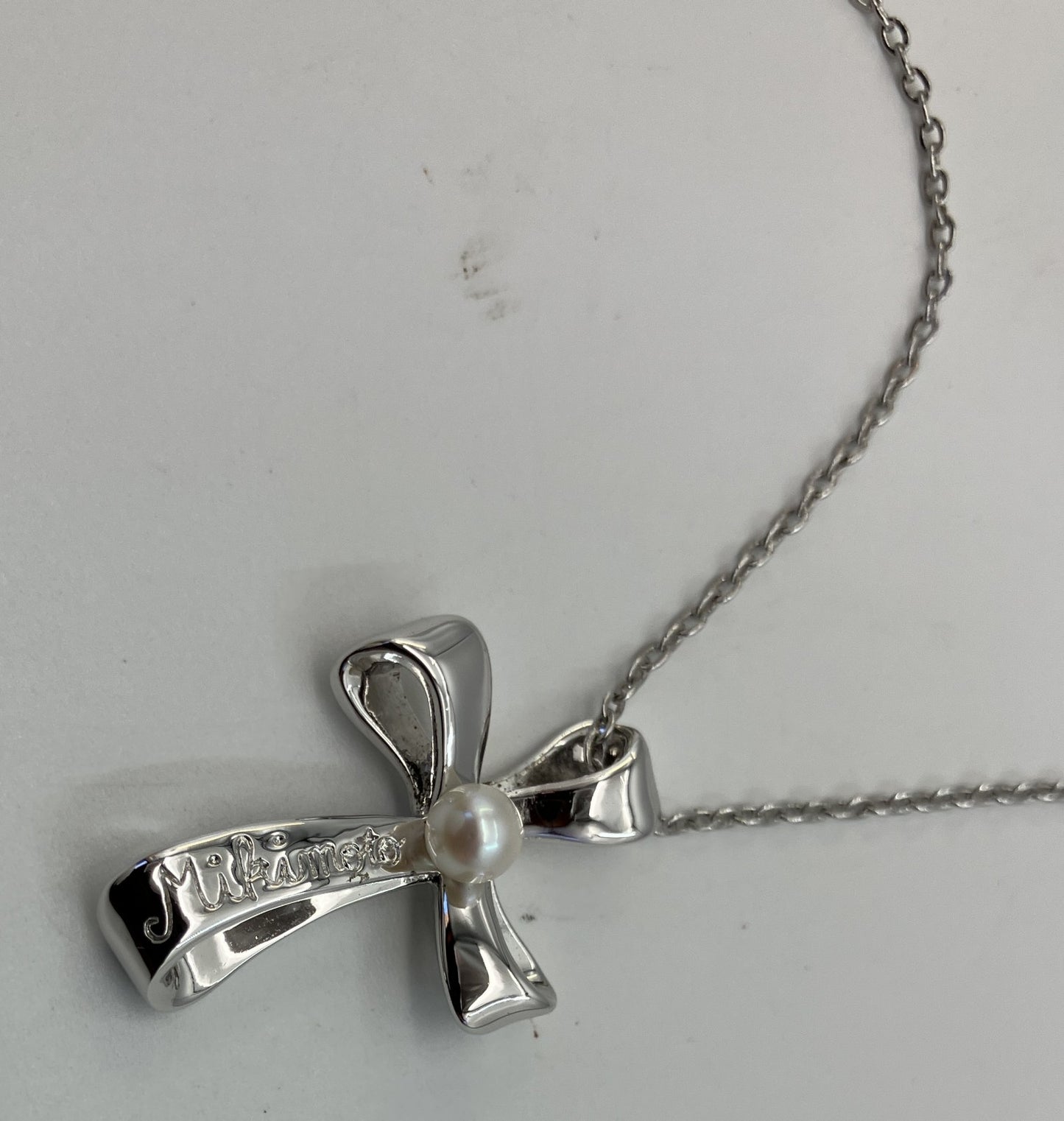 MIKIMOTO Silver Cross Pendant Necklace Cultured Pearl 4.1mm Chain 40cm Authentic