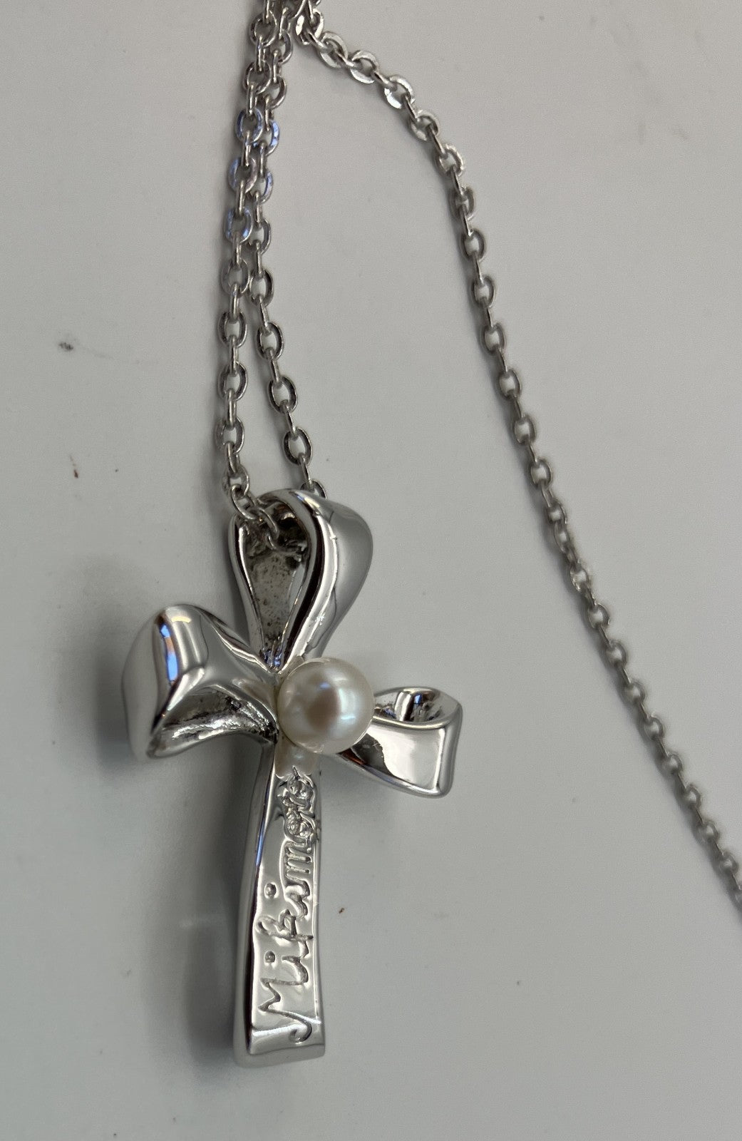 MIKIMOTO Silver Cross Pendant Necklace Cultured Pearl 4.1mm Chain 40cm Authentic