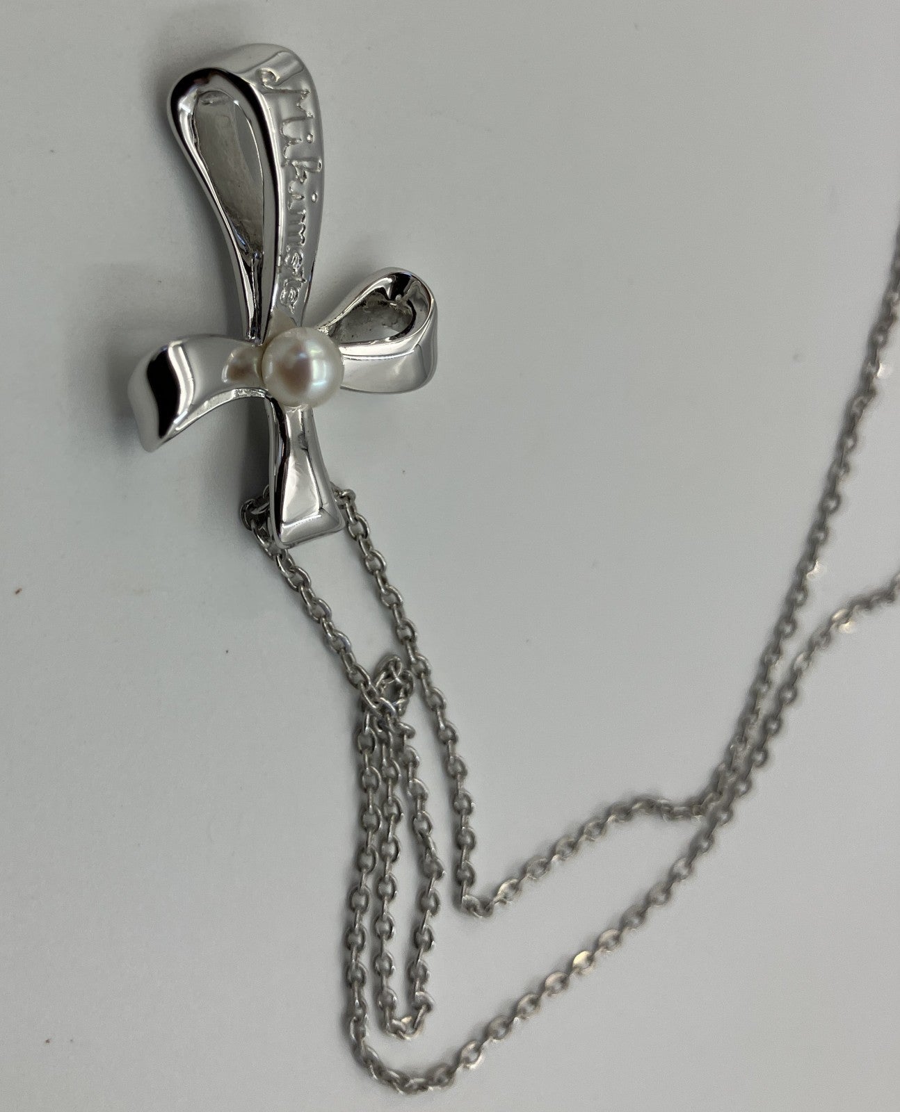 MIKIMOTO Silver Cross Pendant Necklace Cultured Pearl 4.1mm Chain 40cm Authentic