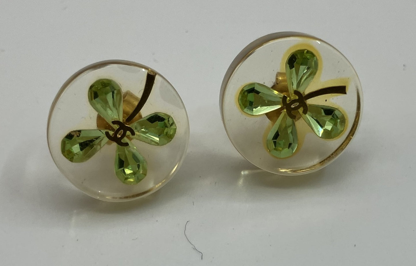 CHANEL Clover Earrings Clear &amp; Green Boxed Free Shipping 