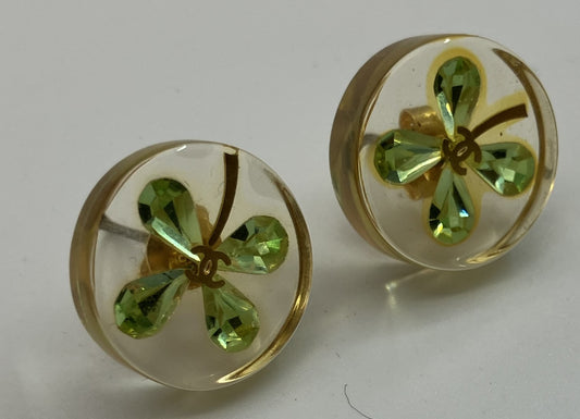 CHANEL Clover Pierced Earrings Clear & Green w/Box