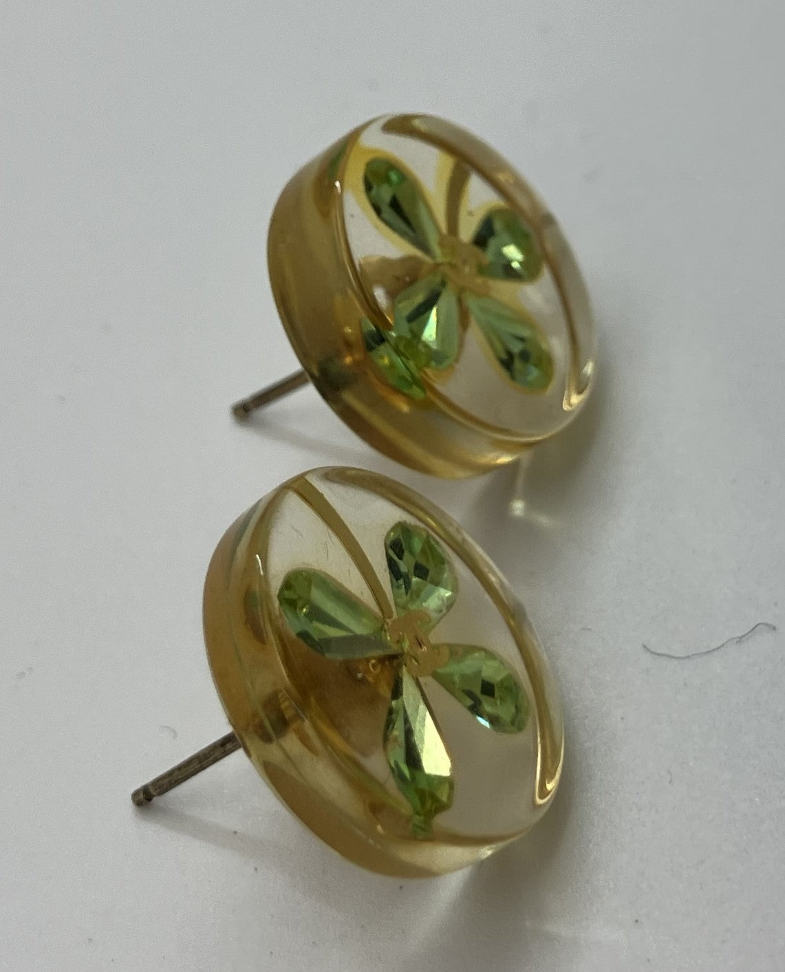 CHANEL Clover Earrings Clear &amp; Green Boxed Free Shipping 