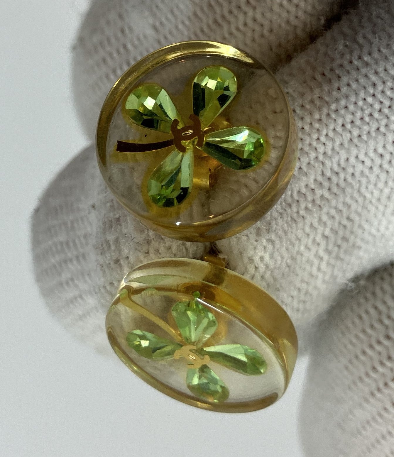 CHANEL Clover Earrings Clear &amp; Green Boxed Free Shipping 