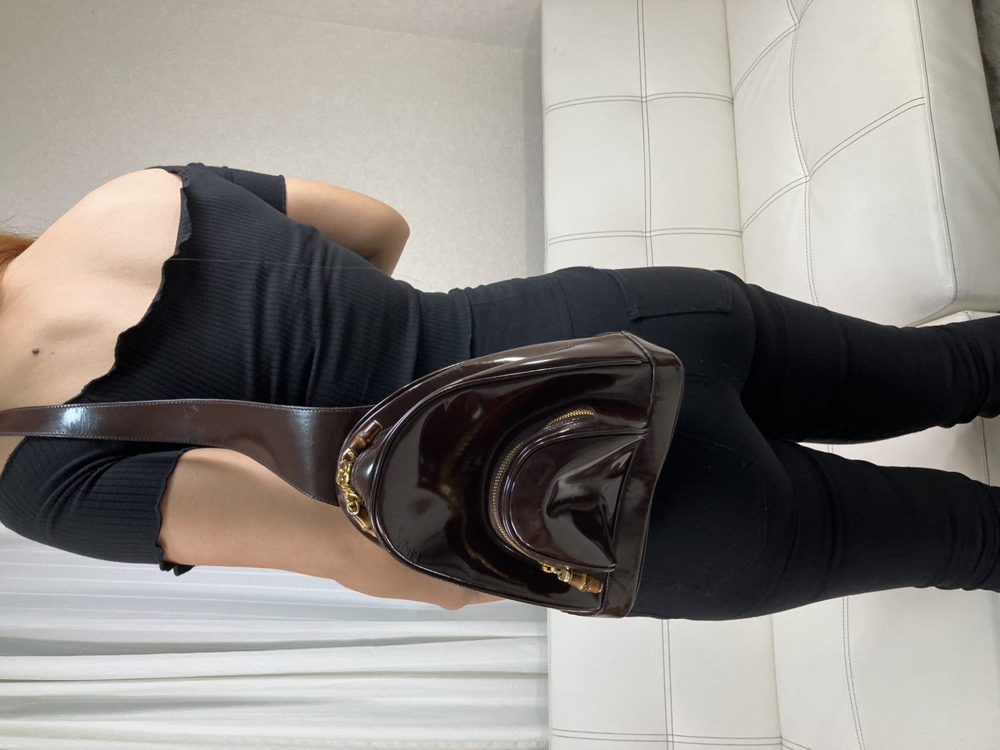 Gucci Bamboo Patent Leather Waist Body Bag Brown Italy Vintage 00334440127