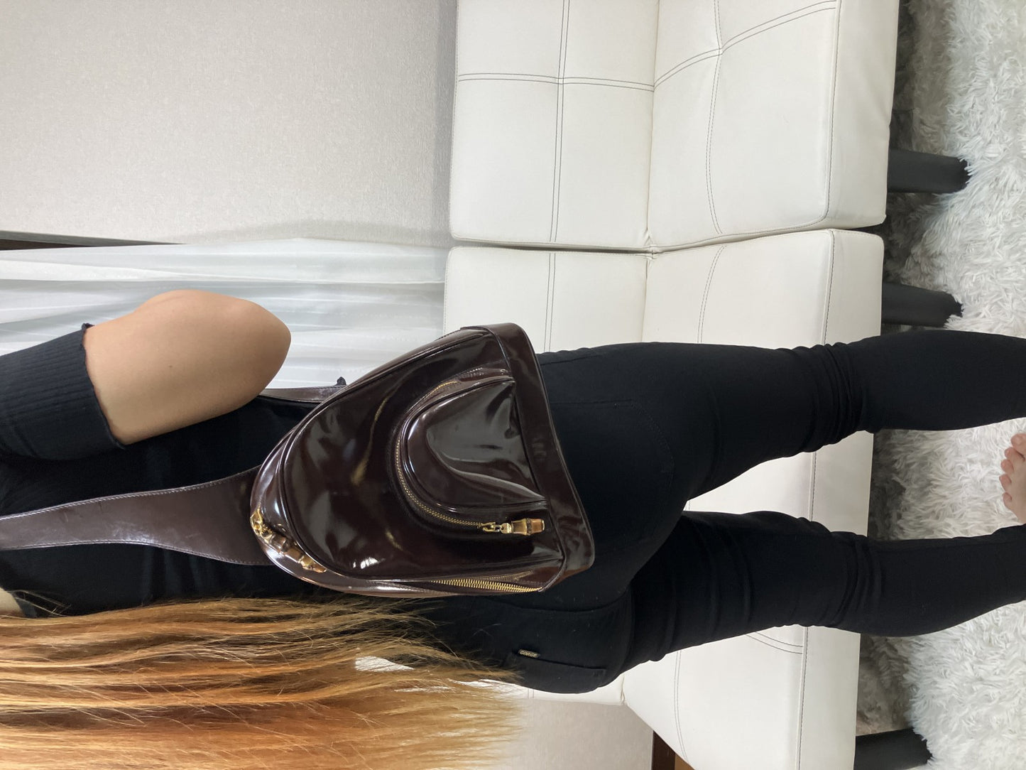 Gucci Bamboo Patent Leather Waist Body Bag Brown Italy Vintage 00334440127