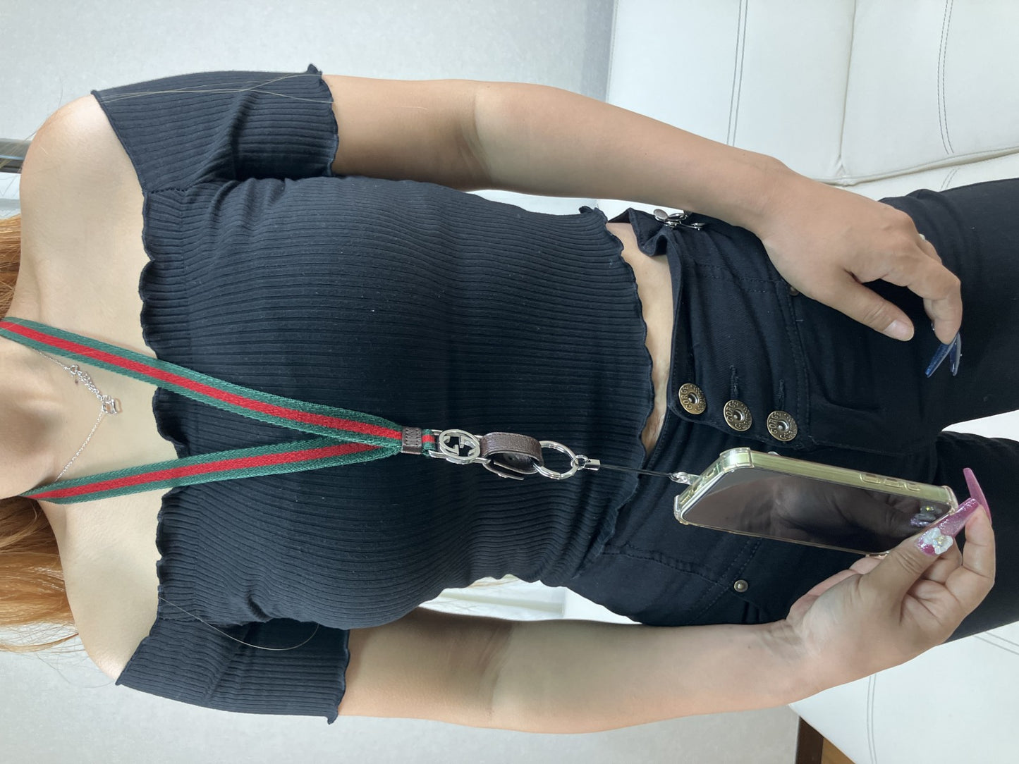 GUCCI Web Sherry Line Neck Strap Phone Holder Keychain GG Italy