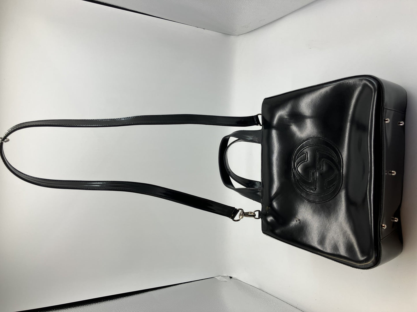 Gucci Interlocking G Black Patent Leather 2Way Shoulder Hand Bag Vintage