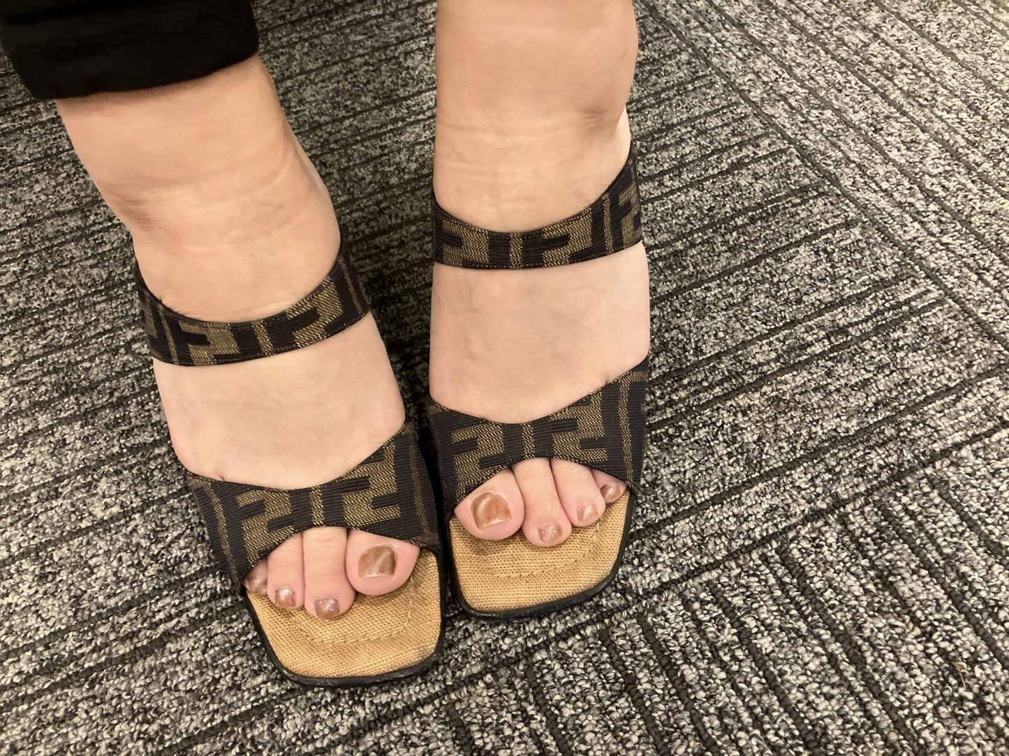 FENDI Zucca Canvas Sandals Block Heel EU 37 US 6.5–7 Brown Black Repaired Heel