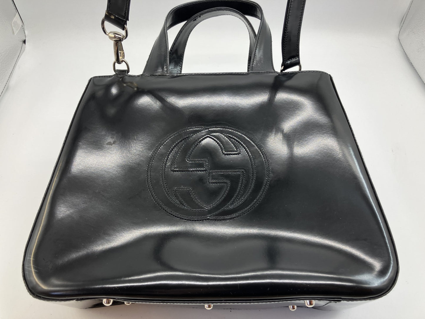 Gucci Interlocking G Black Patent Leather 2Way Shoulder Hand Bag Vintage
