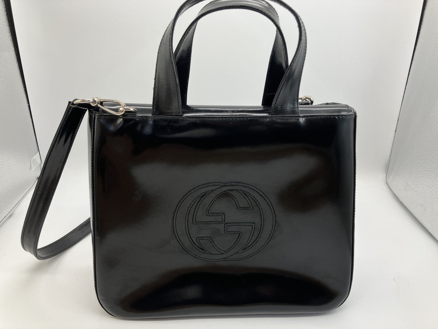 Gucci Interlocking G Black Patent Leather 2Way Shoulder Hand Bag Vintage