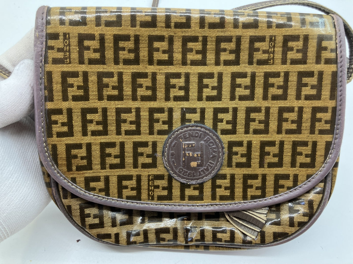 FENDI Zucca FF Logo PVC Leather Flap Shoulder Crossbody Bag Brown Italy